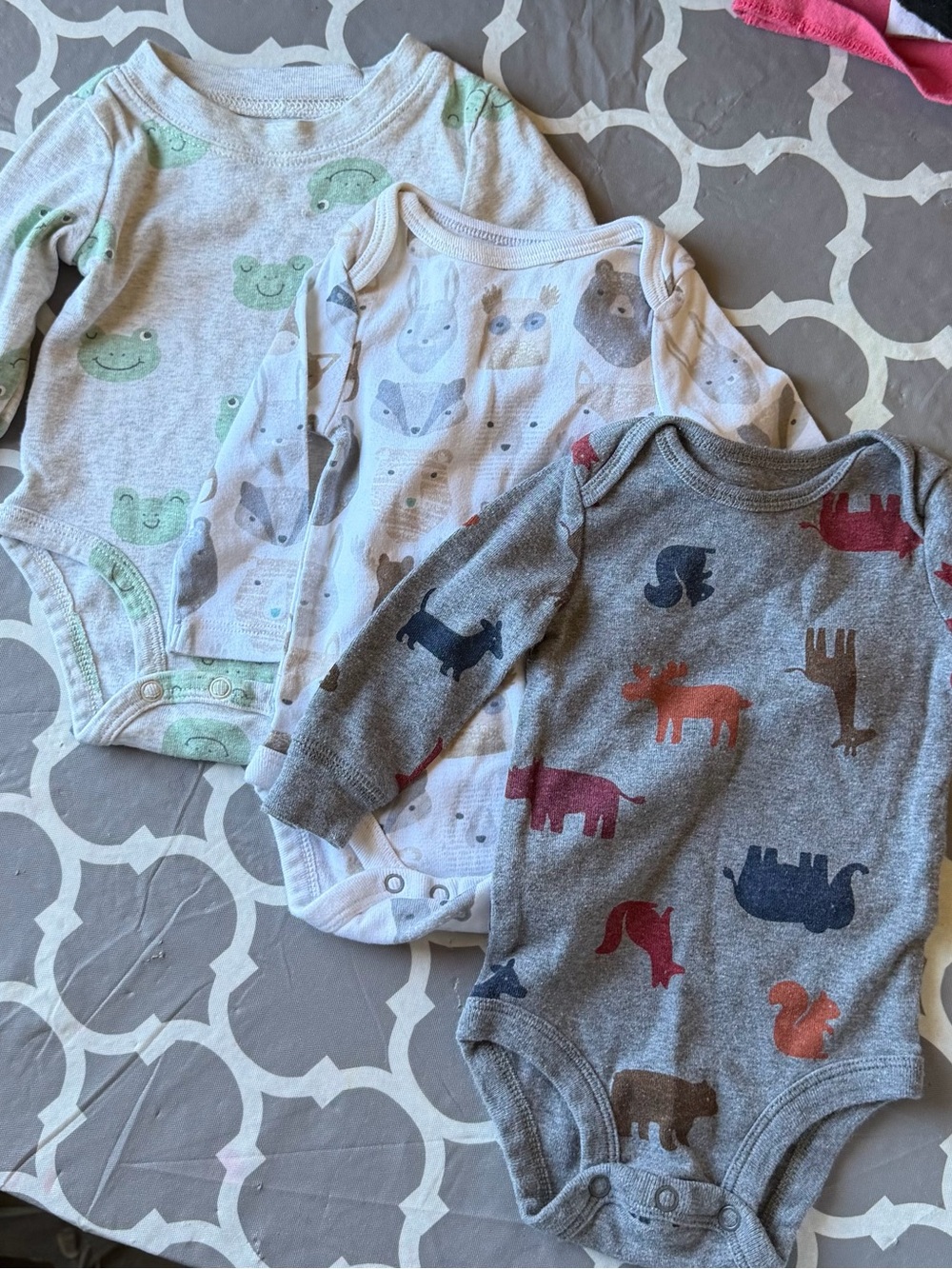 3-Pack Baby Onesies with Animal Prints - Gray, White, Light Green
